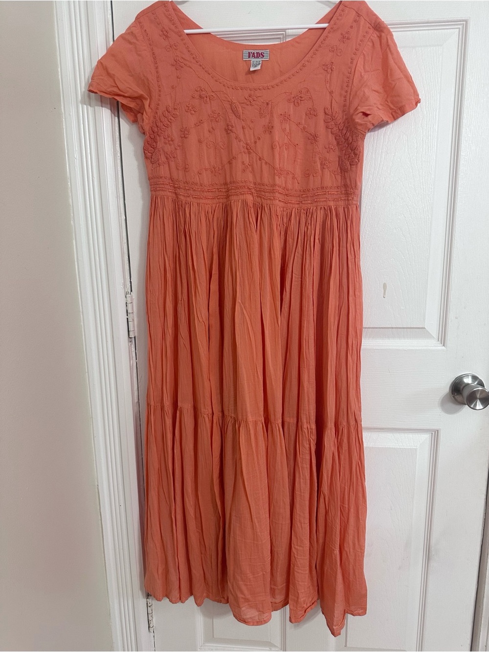 Fads Embroidered Boho Peasant Salmon/coral Midi Dress M Vintage 90s - Picture 3 of 8